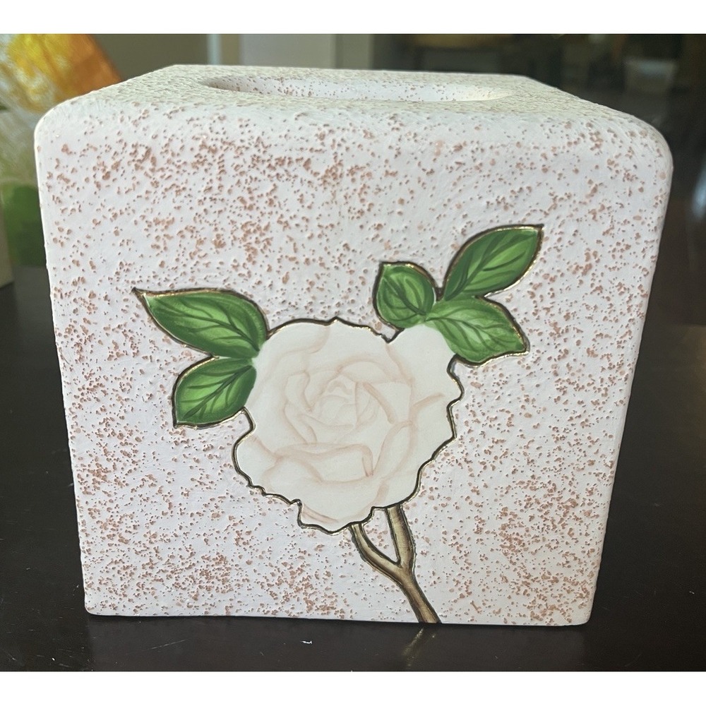 Texturized Heavy Ceramic Tissue Box Cover with Rose Vanity Decor, Artist Signed
